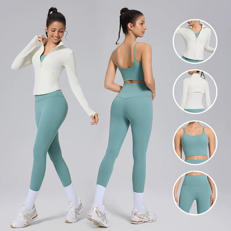 Custom Logo Fitness Sports Yoga Jacket High Waist Leggings 2 Pcs Activewear Set Gym Workout Long Sleeve Yoga Sets for Women